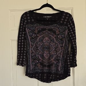 Lucky Brand Black Long Sleeve Medallion Print Top